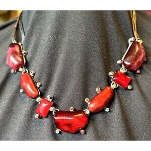 Chico’s necklace Large red Beads choker Black Cord Silvertone classic boho chic